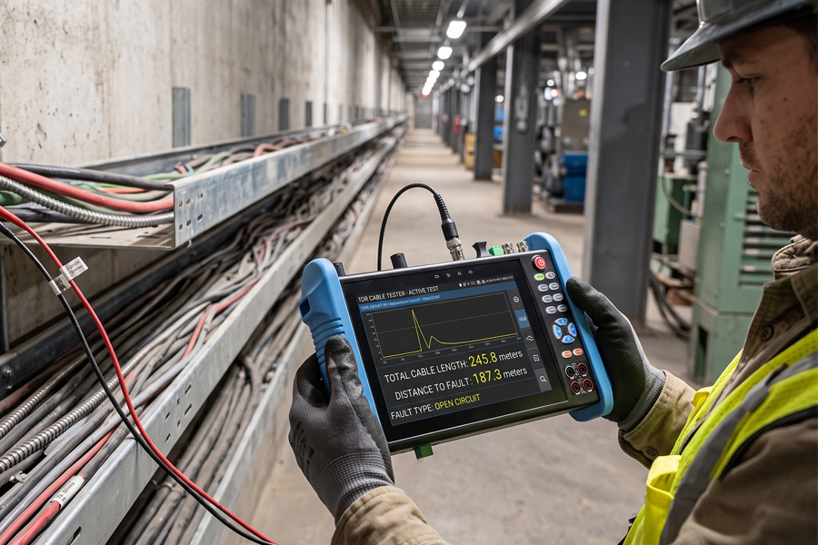 CCTV technician using the IPC-9800MOVTADHS Pro+ for TDR cable diagnostics