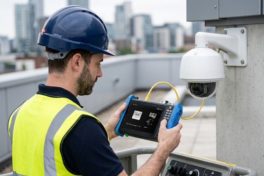 CCTV technician commissioning a camera with the IPC-9800CMADHS Pro+