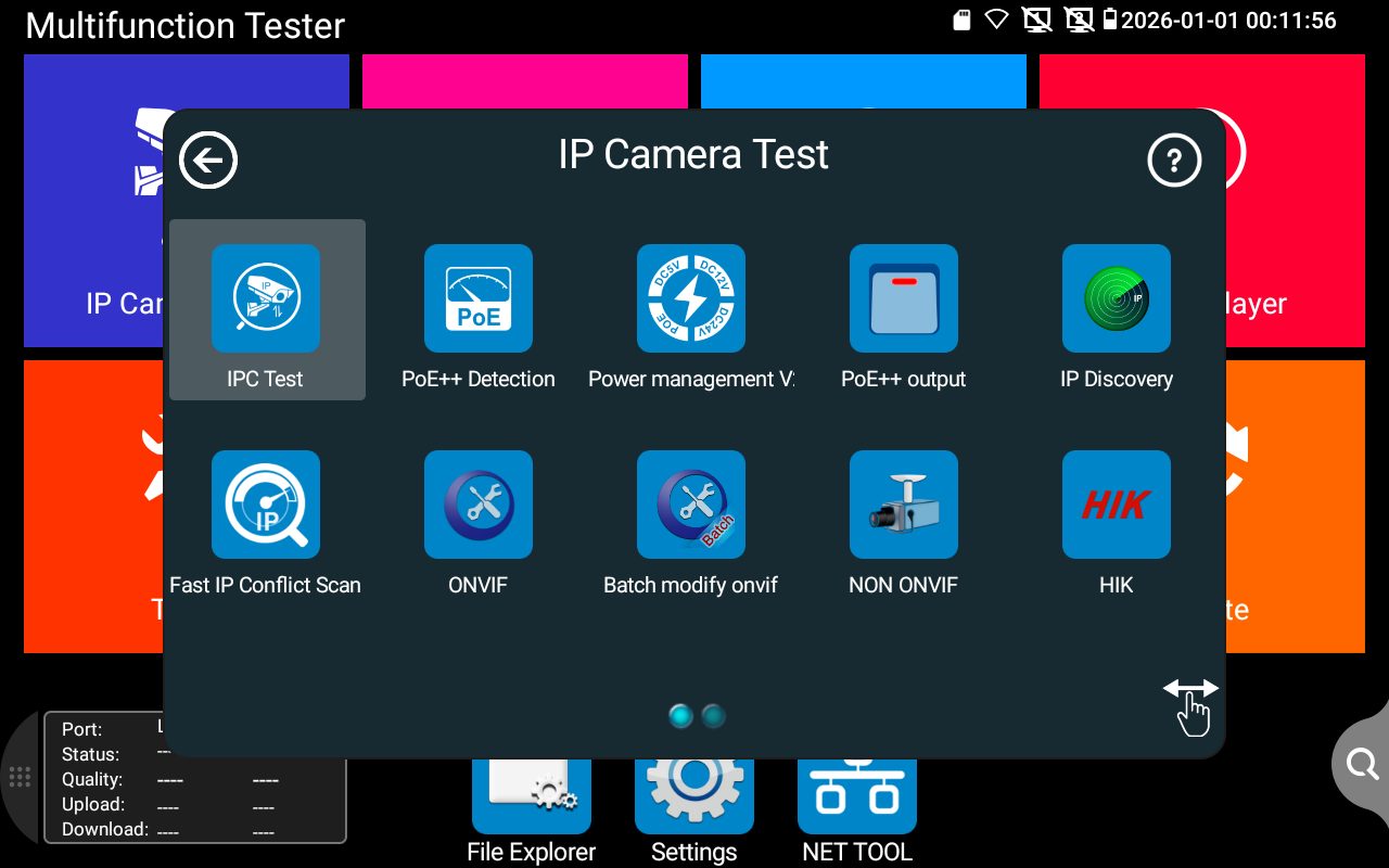 IP Camera Test menu with ONVIF, PoE++ detection, IP discovery and Hikvision tools